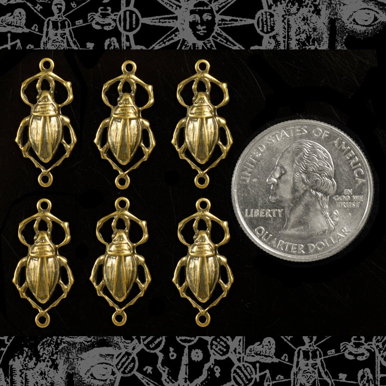 Antiqued Brass Beetle Connectors with Two Rings - Set of Six - AB-2C69